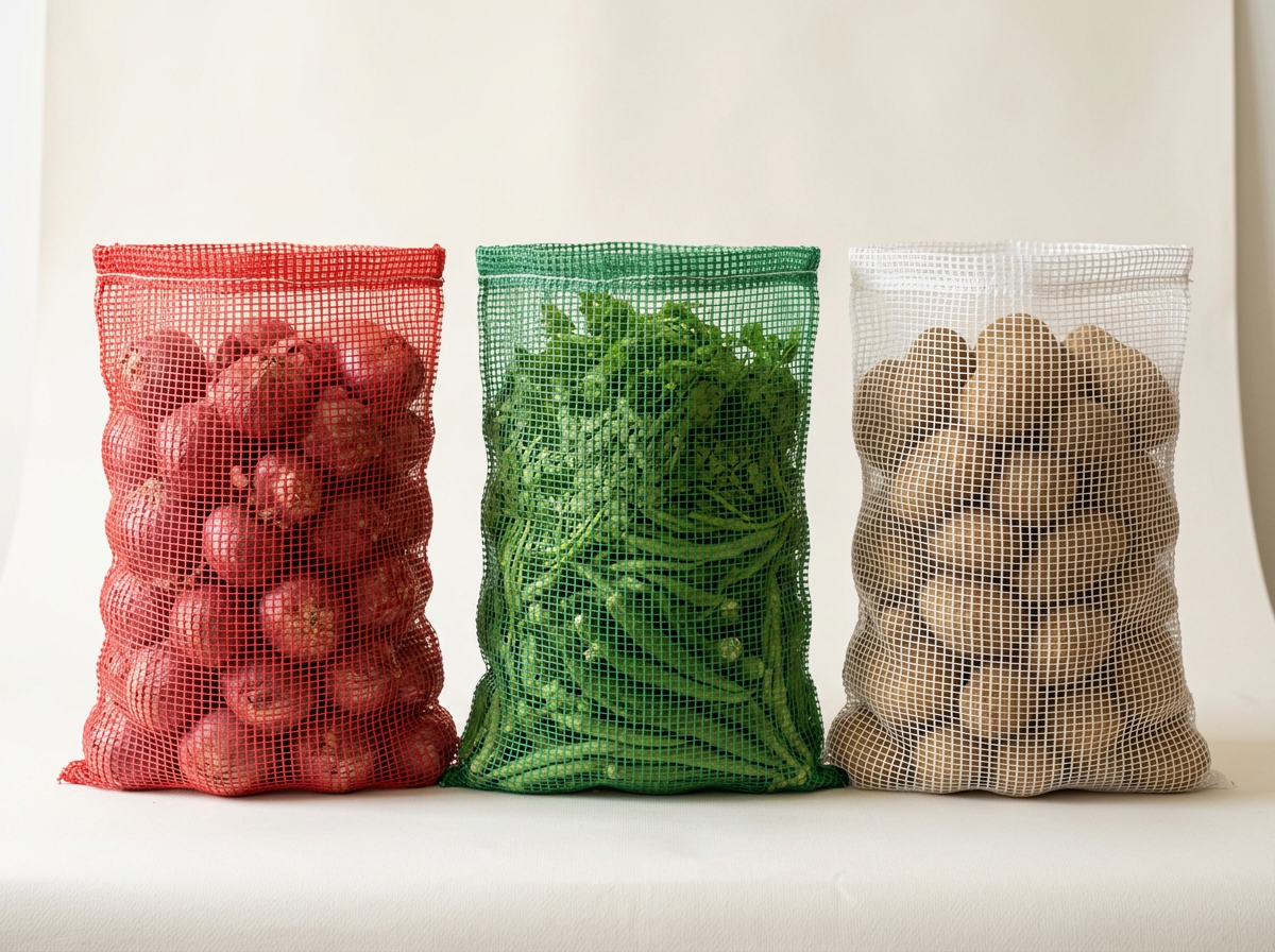 Standard red, green and white leno mesh sacks filled with produce, without handles or drawstrings